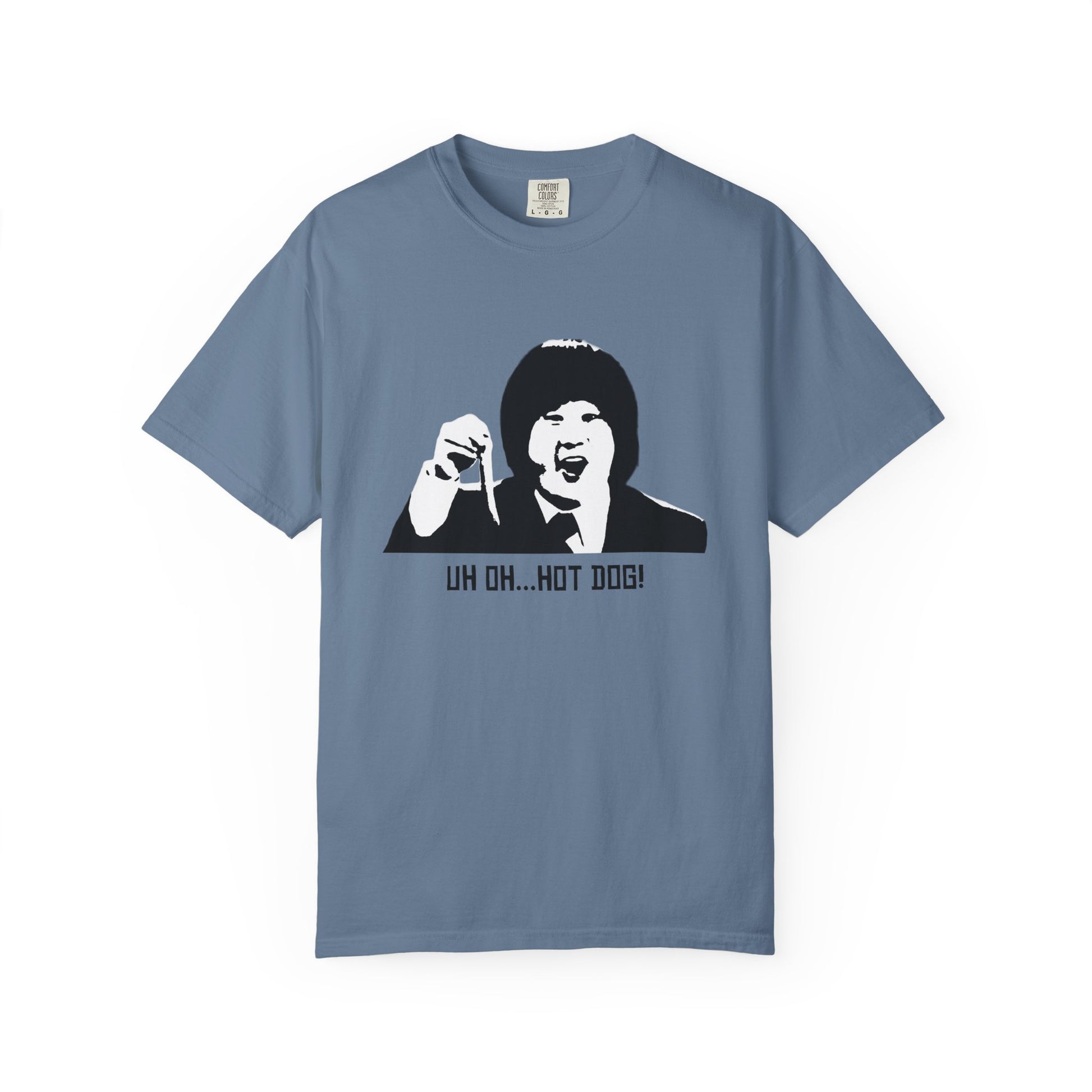 Slate blue Uh Oh Hot Dog T-shirt featuring Bobby Lee's face and quote.