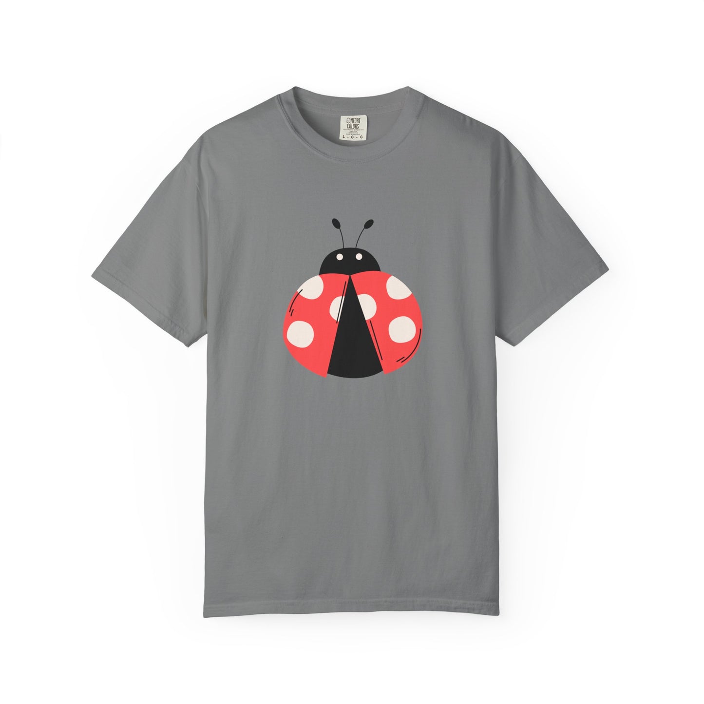 Gray Lady Bug T-Shirt with centered red and black lady bug print.