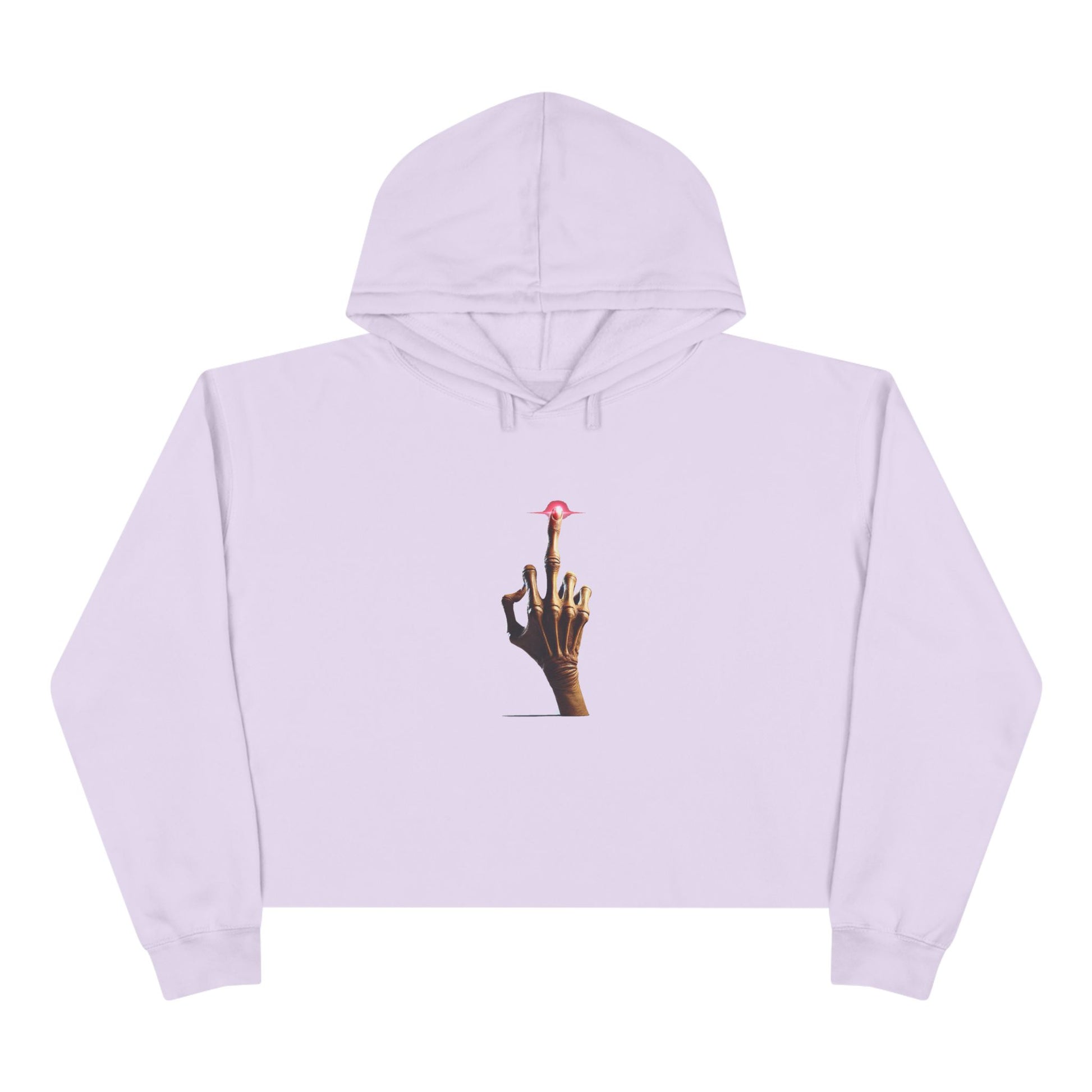 A light purple crop hoodie with a minimalist E.T.-inspired graphic of a hand with an extended glowing finger touching a small red spaceship.