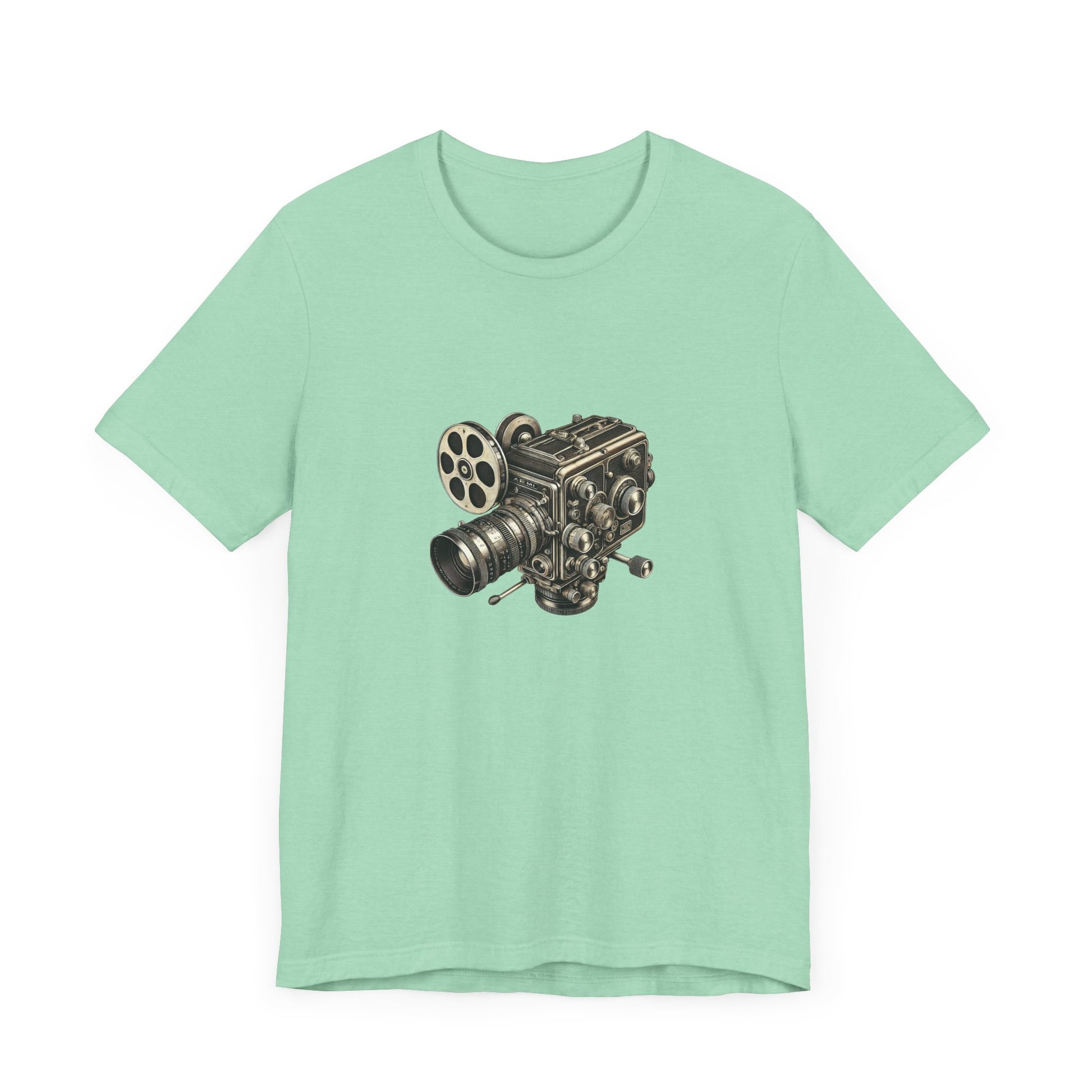Light green t-shirt with vintage 16mm camera design laid flat