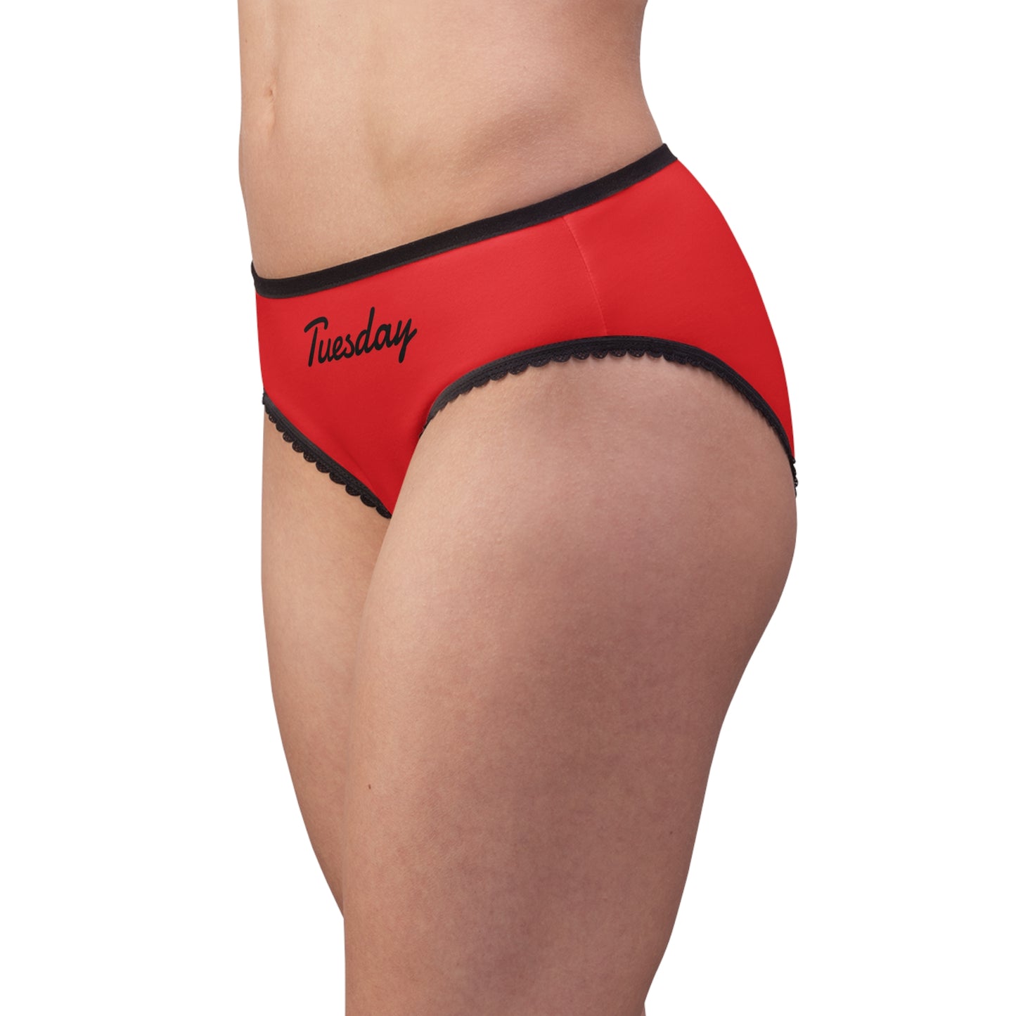 woman wearing tuesday panty side view red briefs black trim