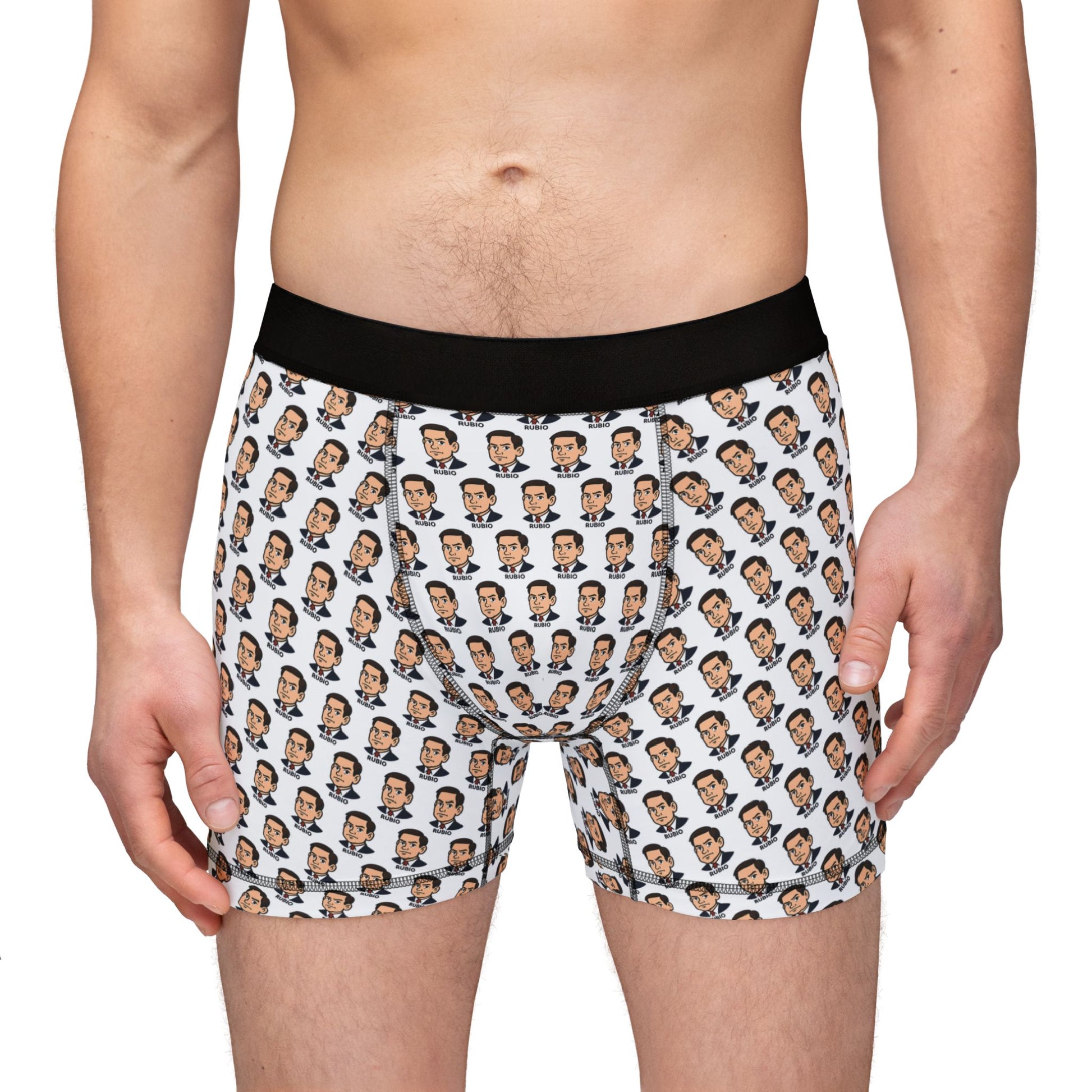 Front view of male model wearing boxer briefs with full Marco Rubio face print design
