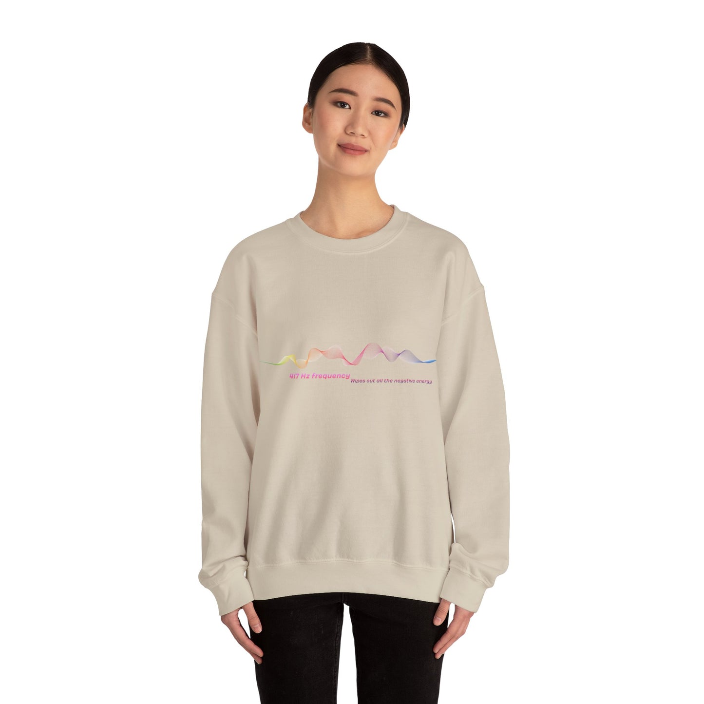Female model wearing sand 417 Hz frequency sweatshirt studio shot