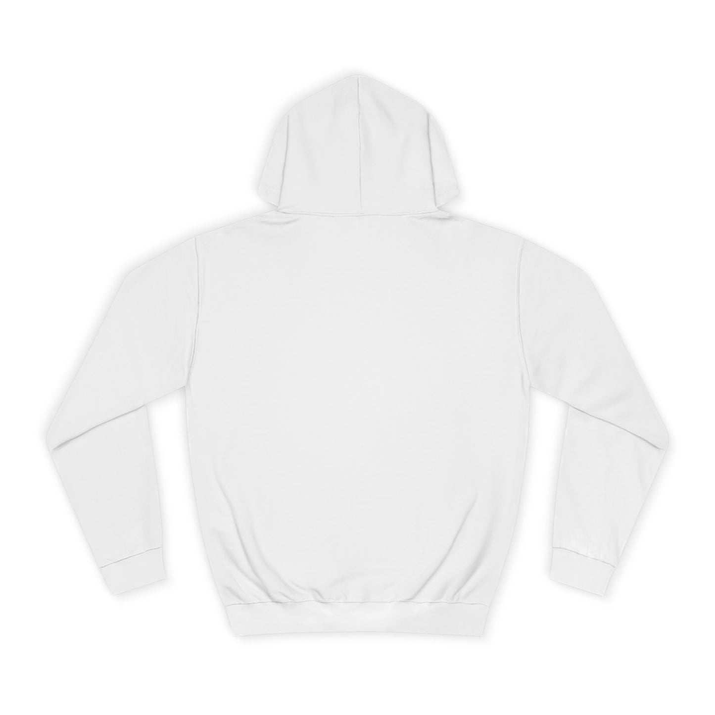 Plain white back view of It’s Showtime Hoodie showing hood and no artwork.