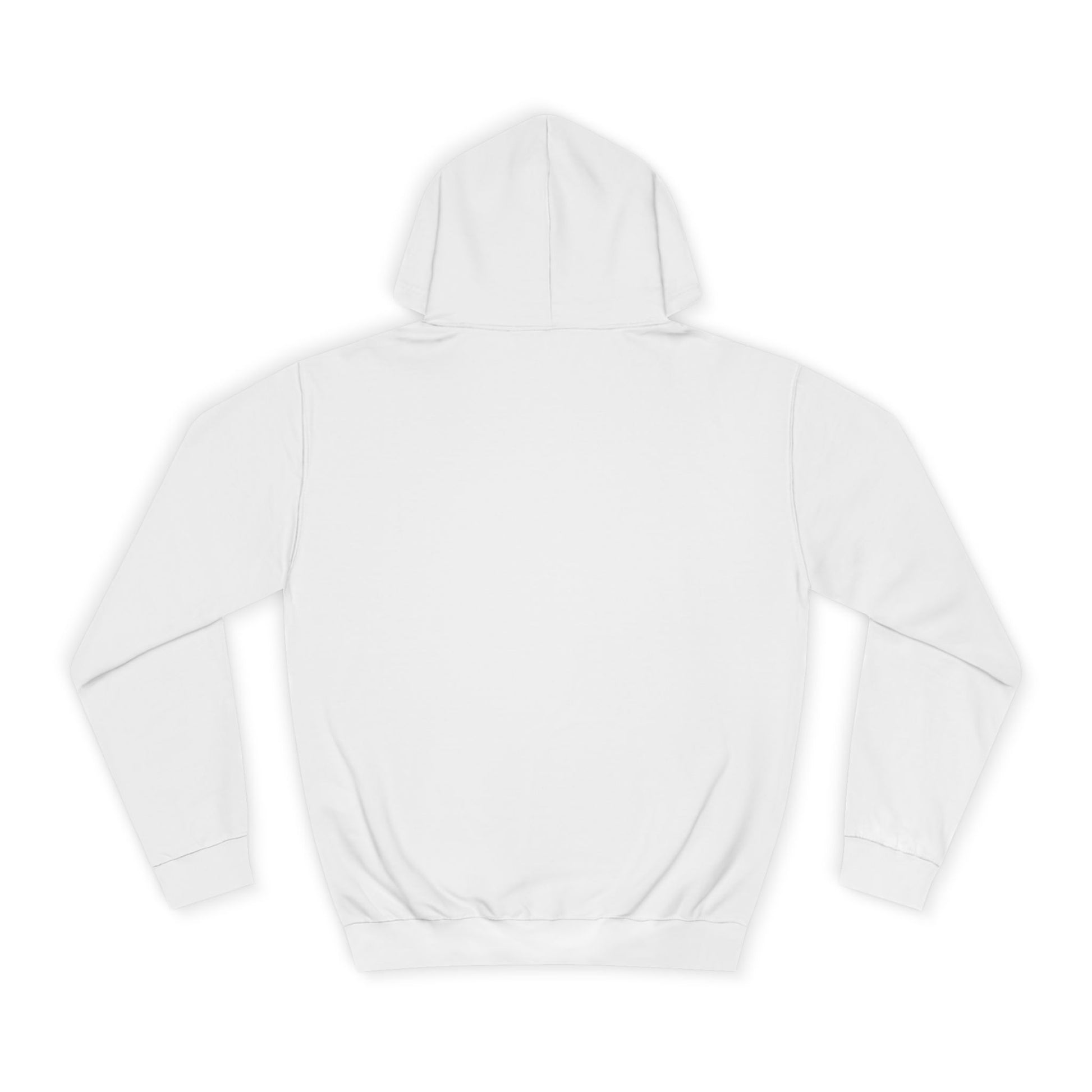 Plain white back view of It’s Showtime Hoodie showing hood and no artwork.