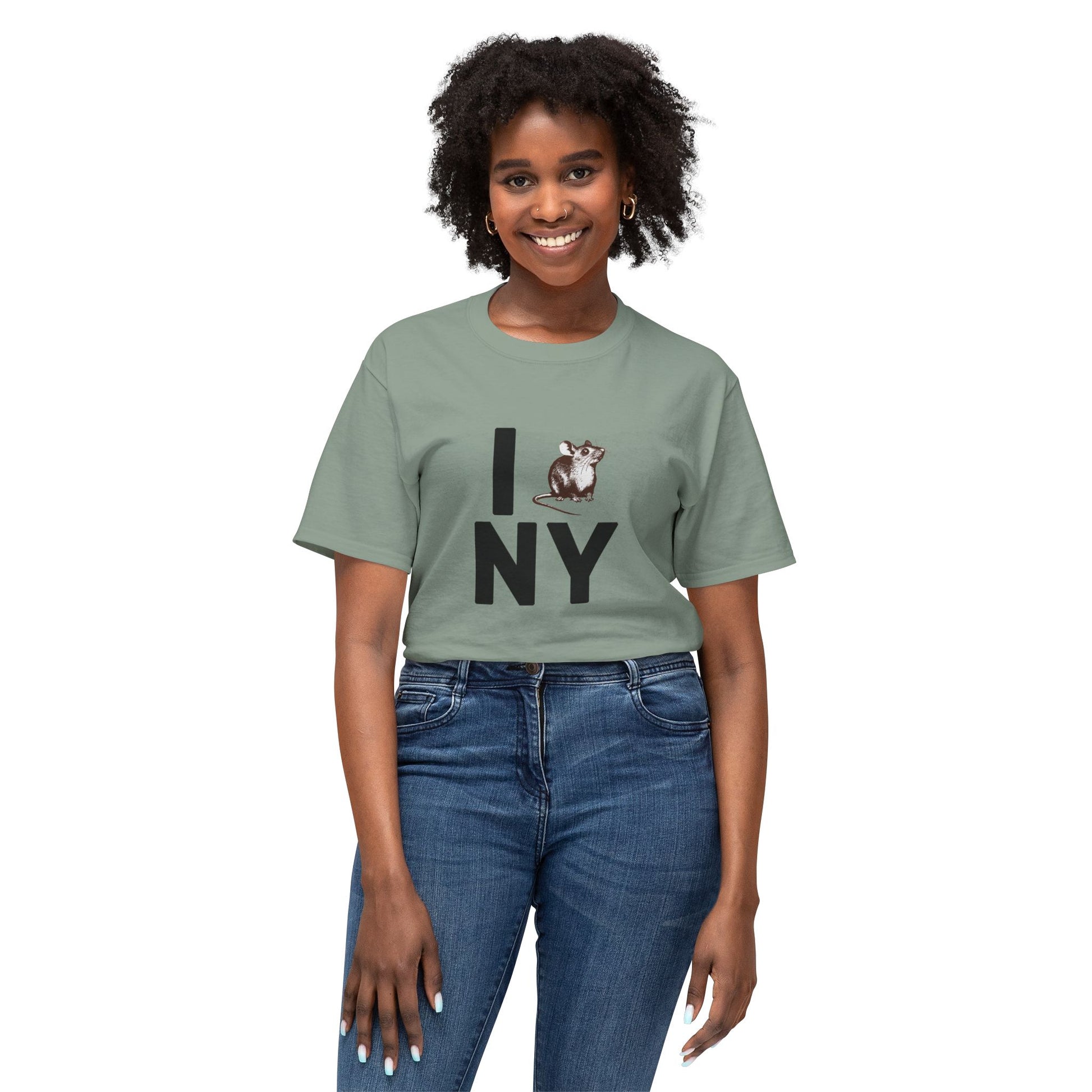 Female model wearing sage green NY RAT T-Shirt with parody rat design.