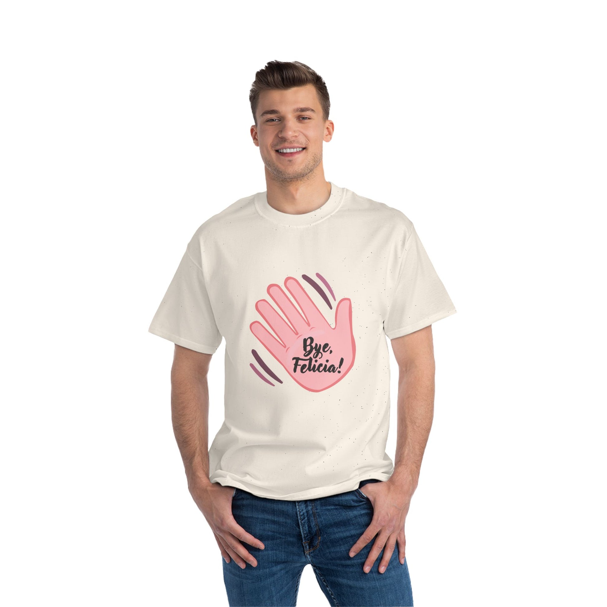 Man wearing cream Bye Felicia T-Shirt with pink hand graphic