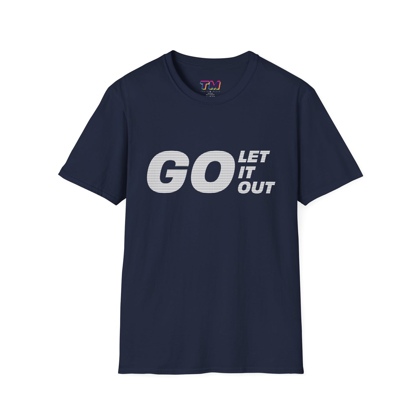 Navy blue Oasis Go Let It Out T-shirt on flat lay display