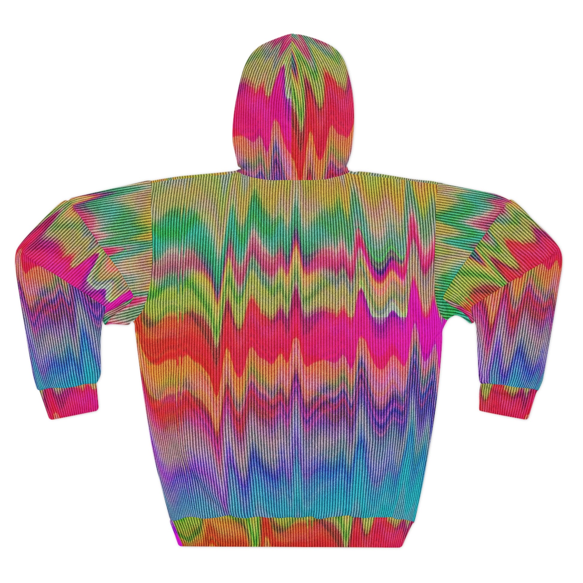 Back of a vibrant unisex hoodie featuring an all-over psychedelic glitch pattern in neon pink, green, yellow, and blue