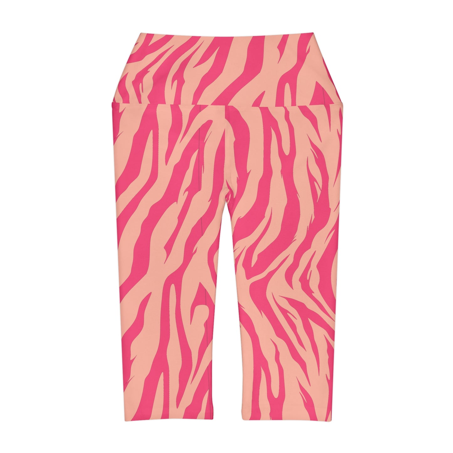 Back flat lay view of Pink Stripes Capri Leggings with pink zebra pattern