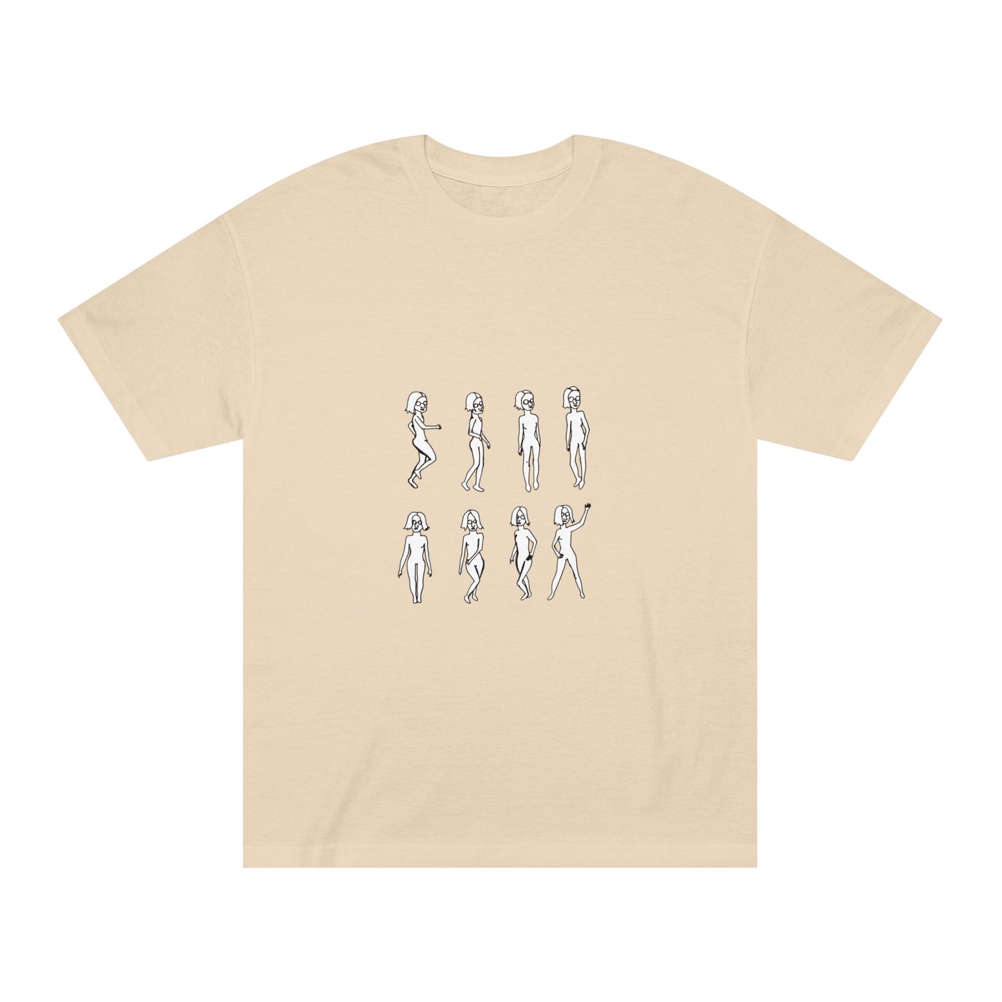 Back view of Running Out Unisex T-Shirt in sand with hand-drawn artwork printed