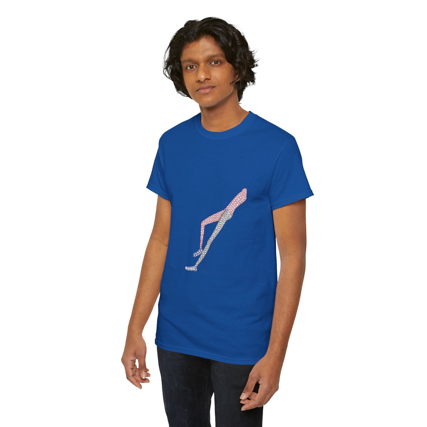 Man wearing blue Shapes in Shapes T-Shirt standing casually