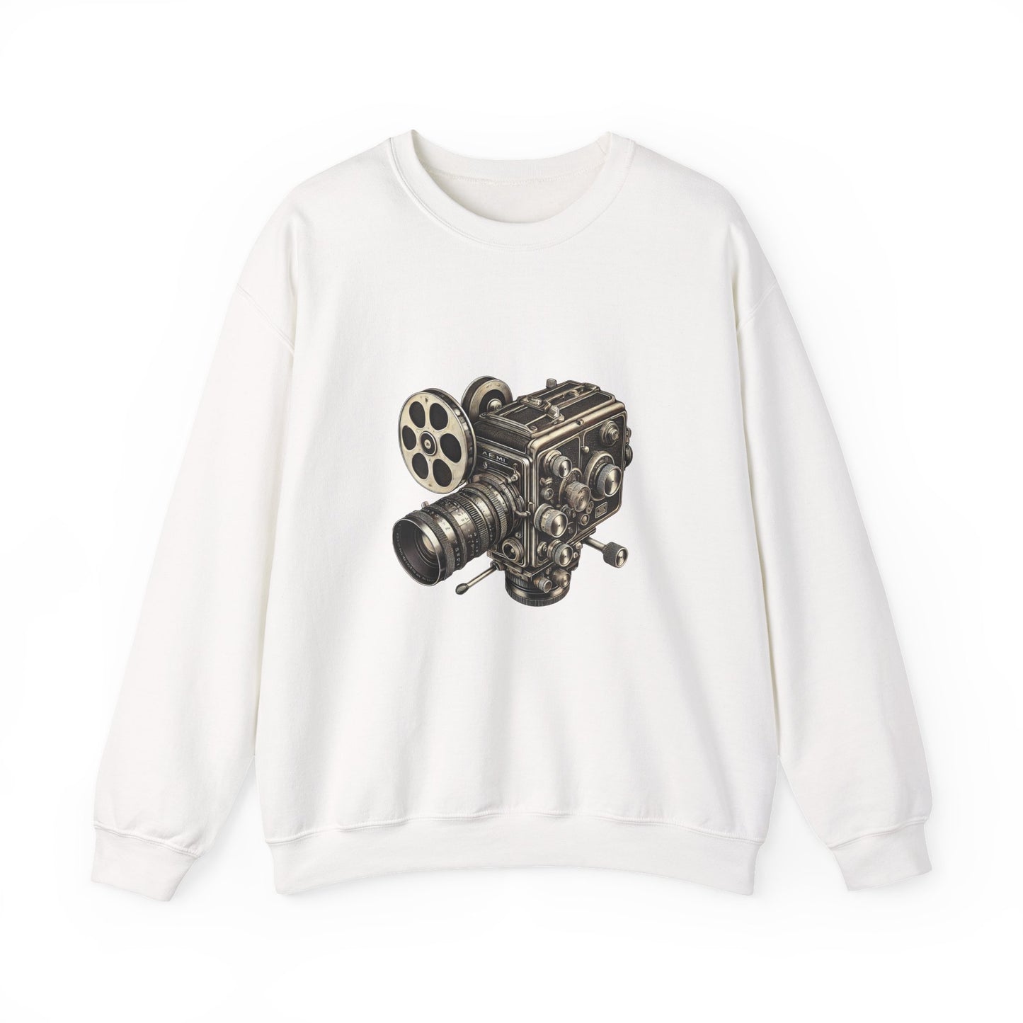 Front view of a white Film Camera Sweatshirt laid flat, showing vintage camera graphic.
