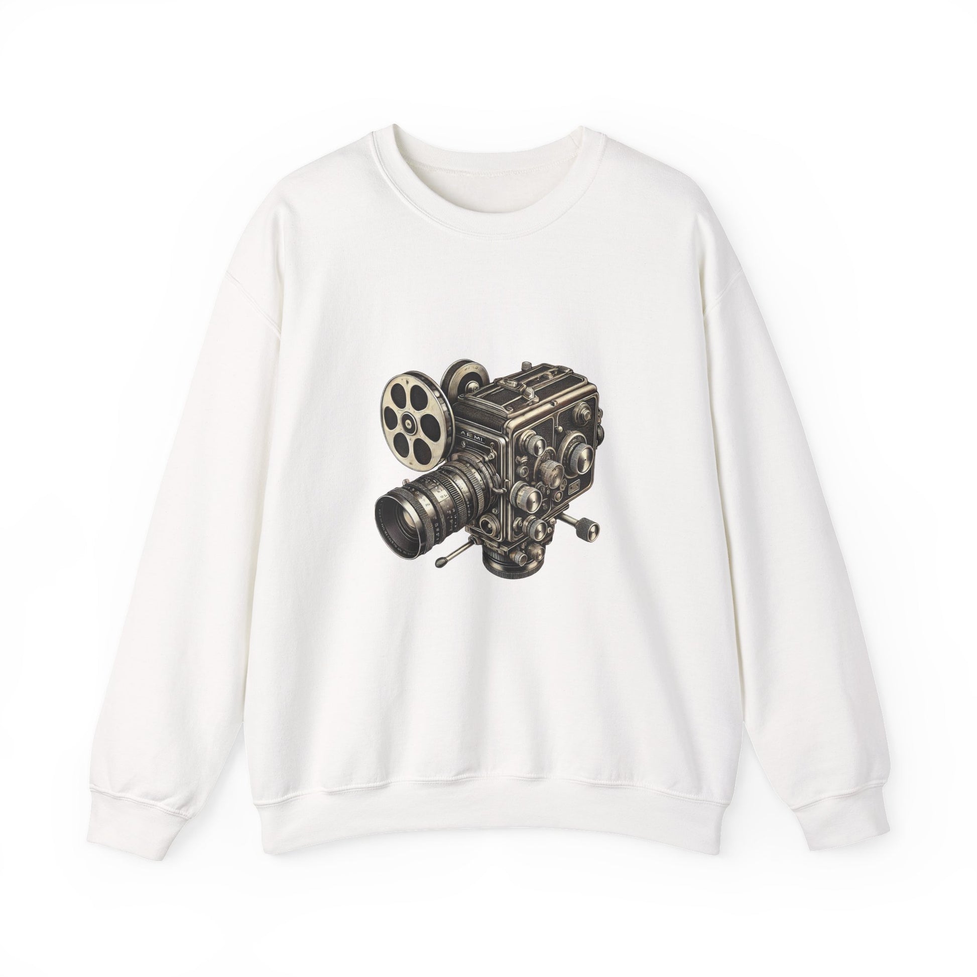 Front view of a white Film Camera Sweatshirt laid flat, showing vintage camera graphic.