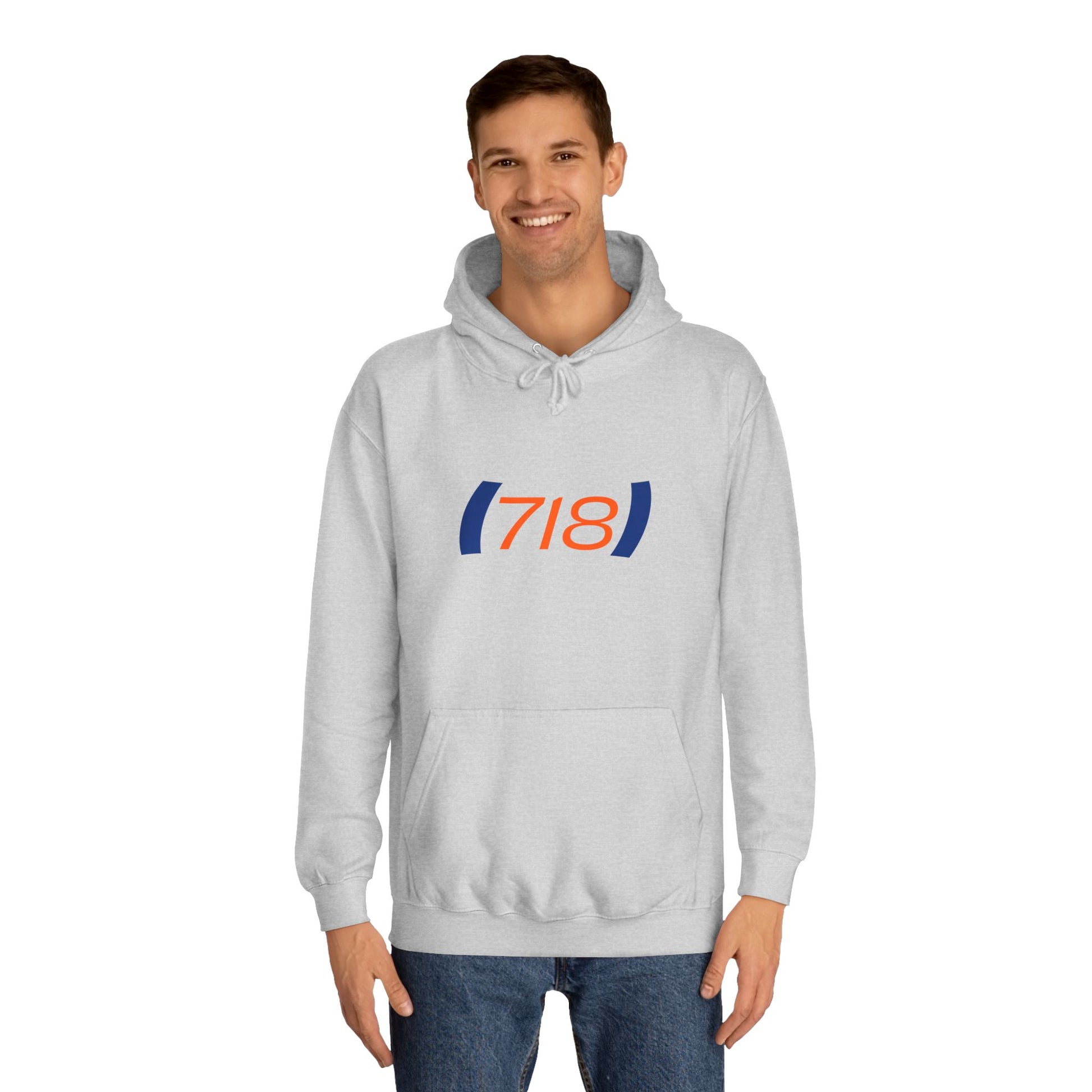 Male model wearing light gray (718) Hoodie with bold orange and blue logo front view