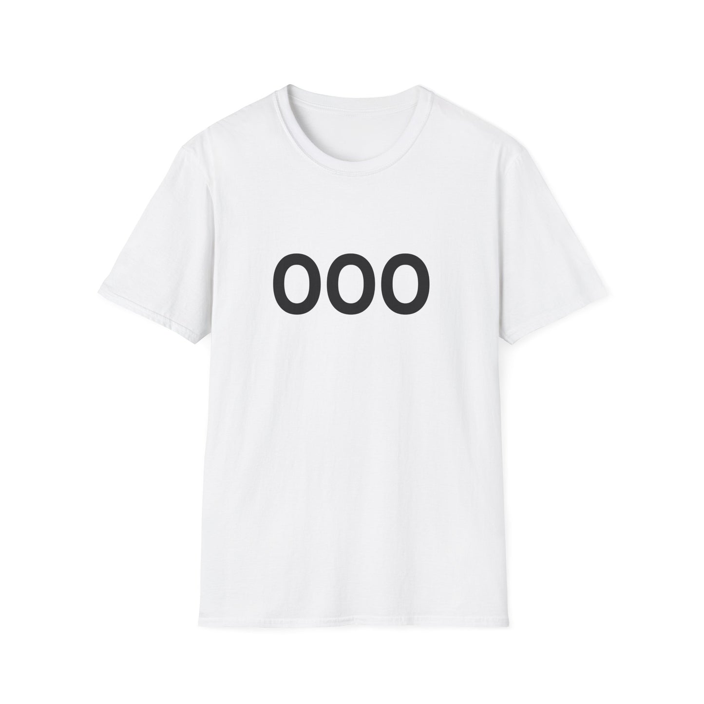 Flat lay of white OOO t-shirt front design