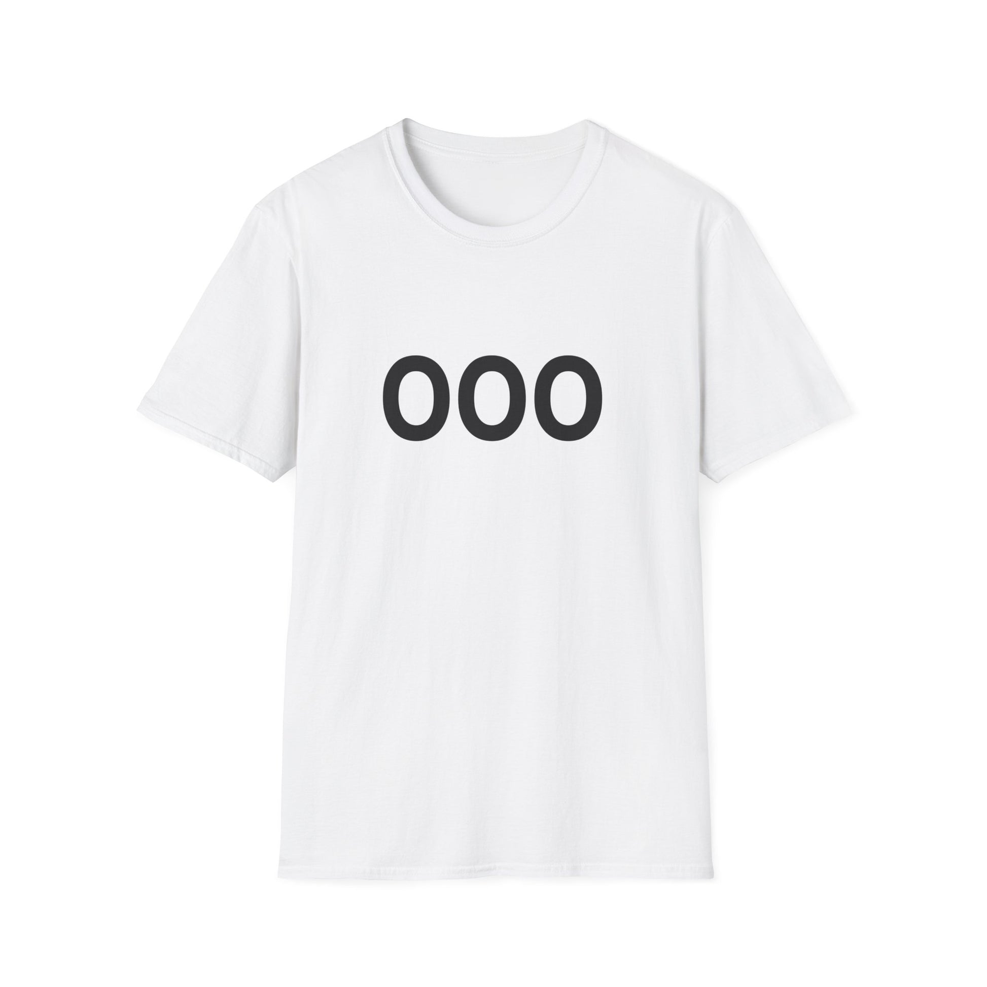 Flat lay of white OOO t-shirt front design