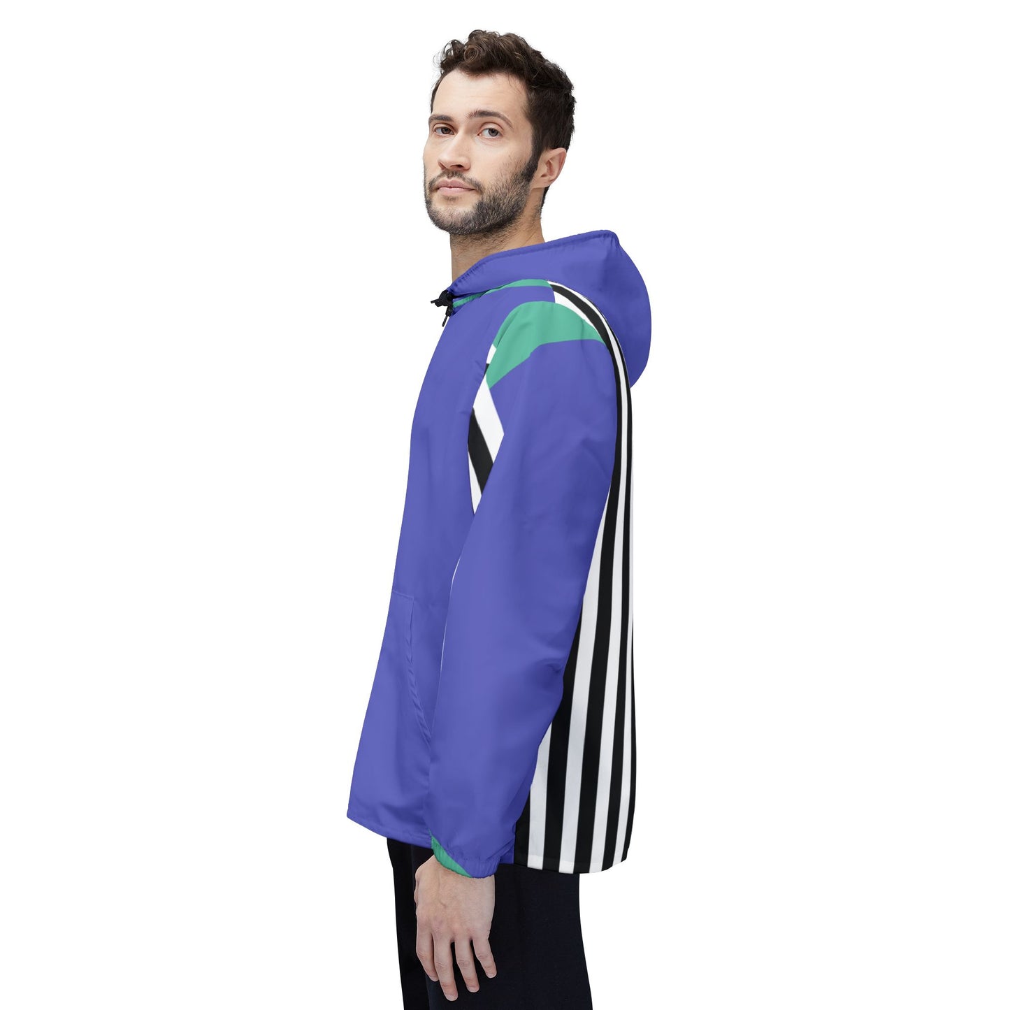 Male model side view of Retro Lines Windbreaker Jacket with blue body and striped sleeve design.