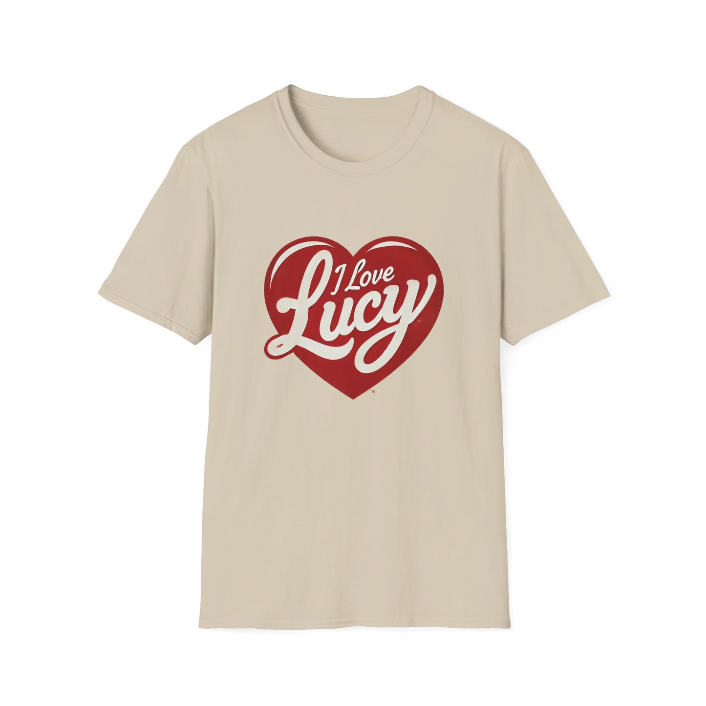 A person wearing a red crew neck t-shirt with a heart logo that has the text 'I Love Lucy' on it.