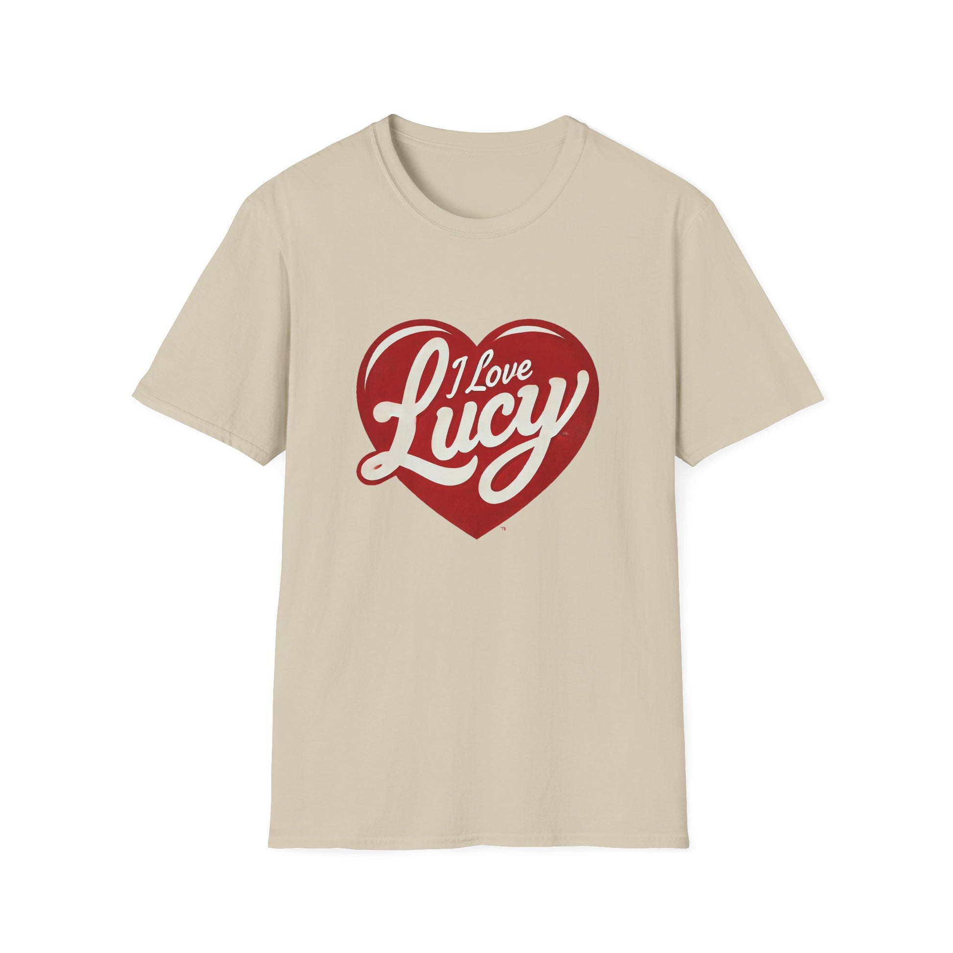 A person wearing a red crew neck t-shirt with a heart logo that has the text 'I Love Lucy' on it.