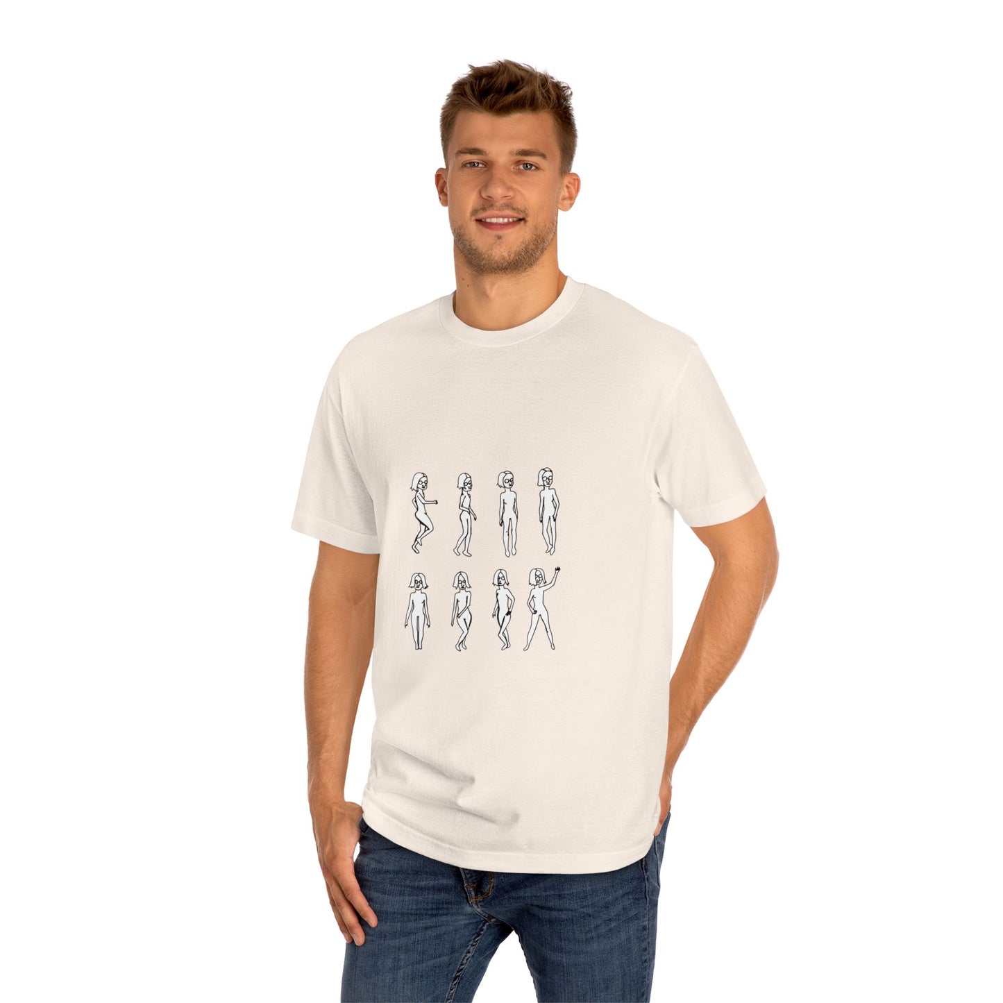 Man wearing cream Running Out Unisex T-Shirt with hand-drawn design on front