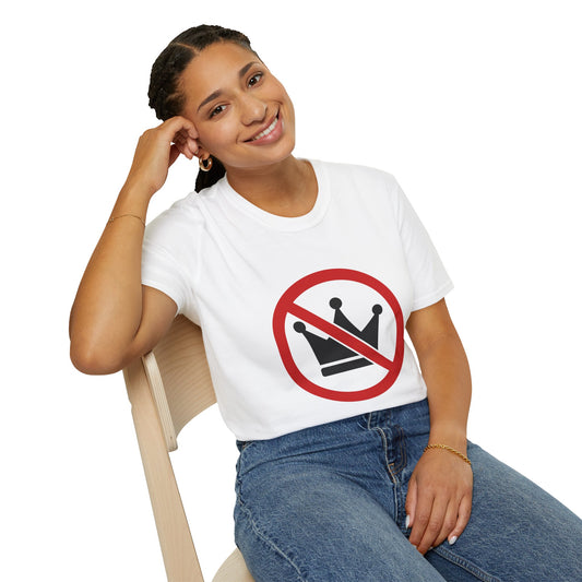 Person wearing a white t-shirt with a no-crown symbol on a white background
