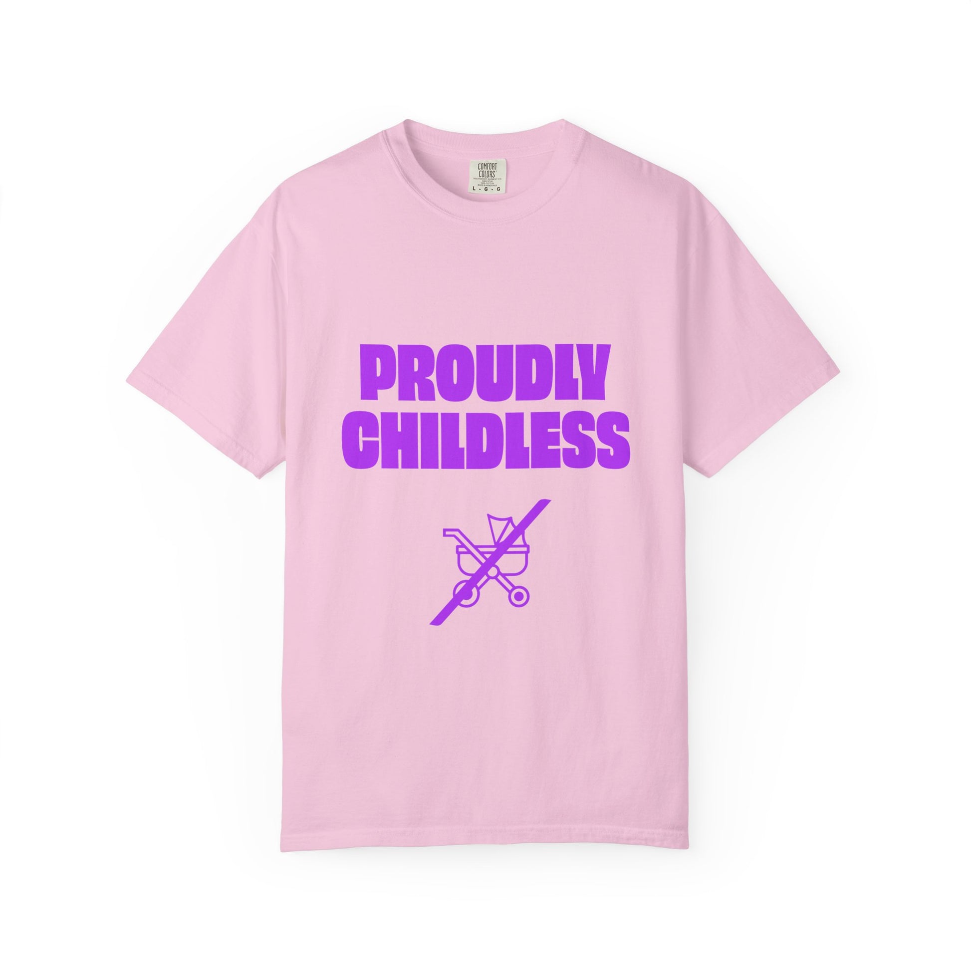 Flat lay of pink Proudly Childless T-Shirt with purple text