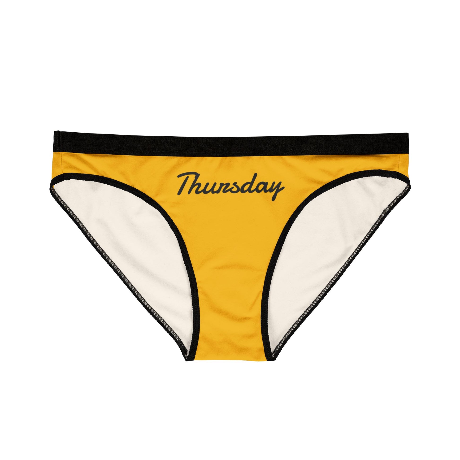 Yellow underwear with 'Thursday' text on a white background