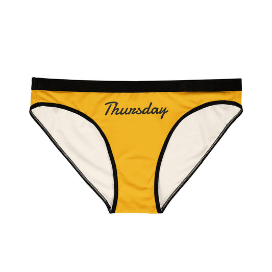 Yellow underwear with 'Thursday' text on a white background