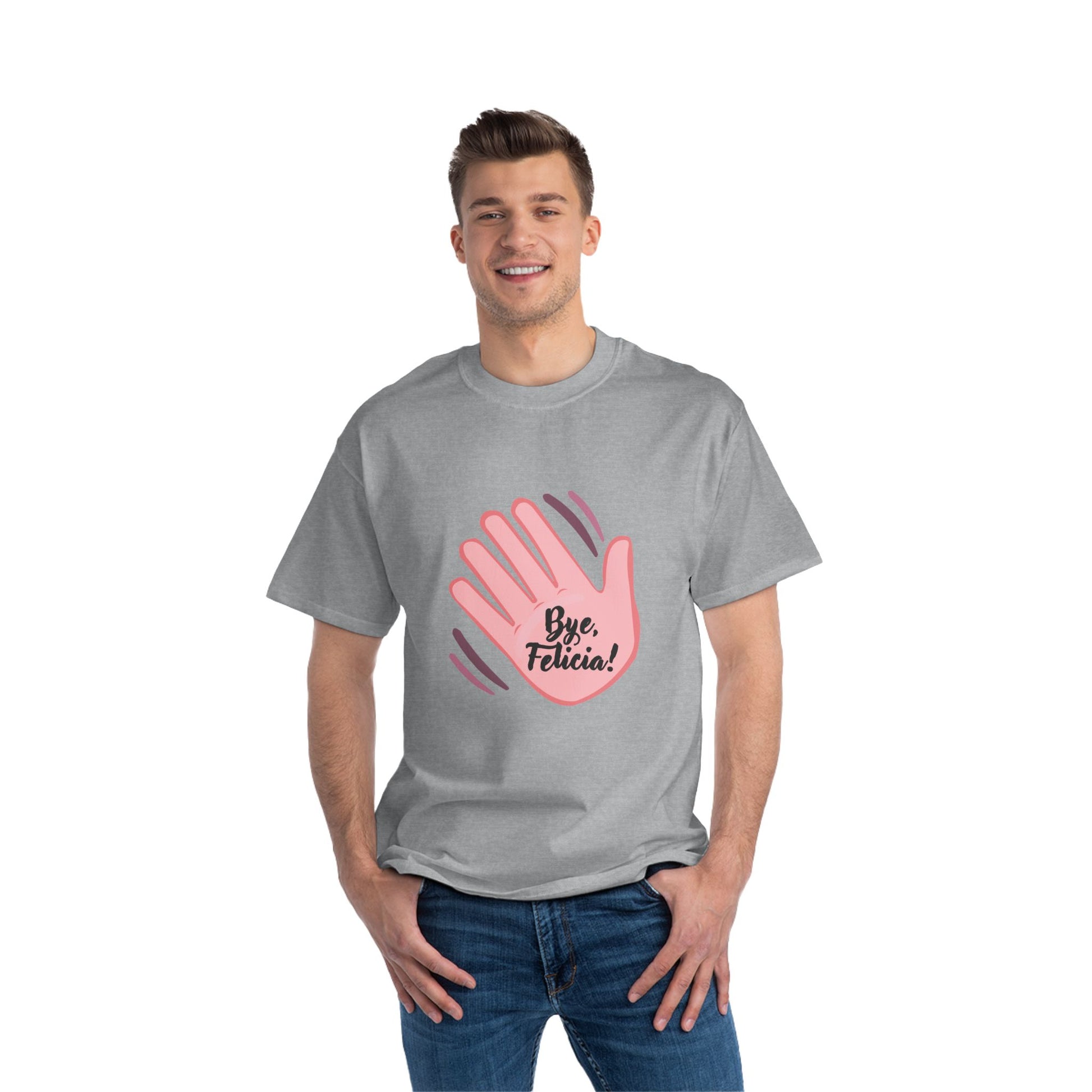 Man wearing gray Bye Felicia T-Shirt with pink hand graphic