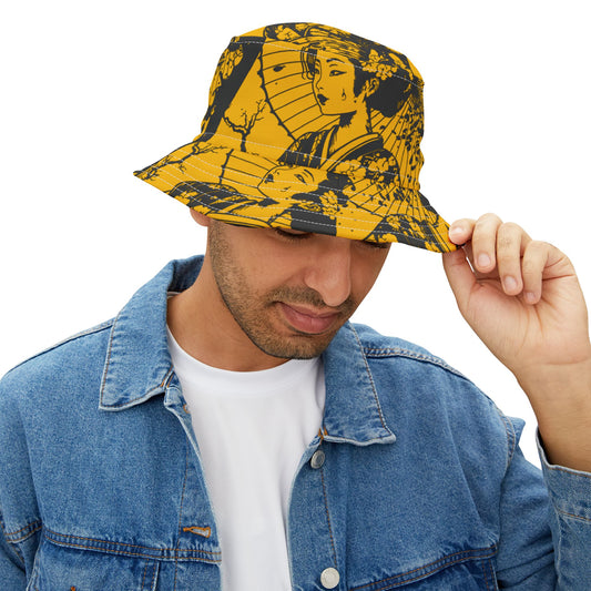 Man wearing Geisha Bucket Hat looking down, showing front design