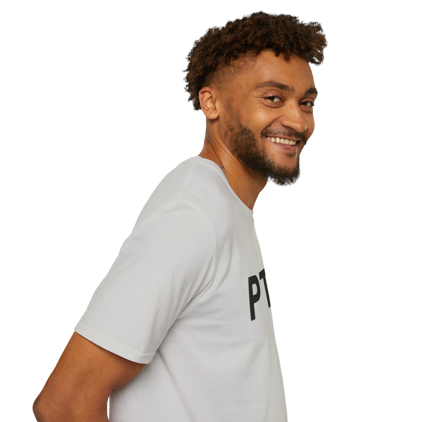 Man wearing a white t-shirt with a logo on a white background