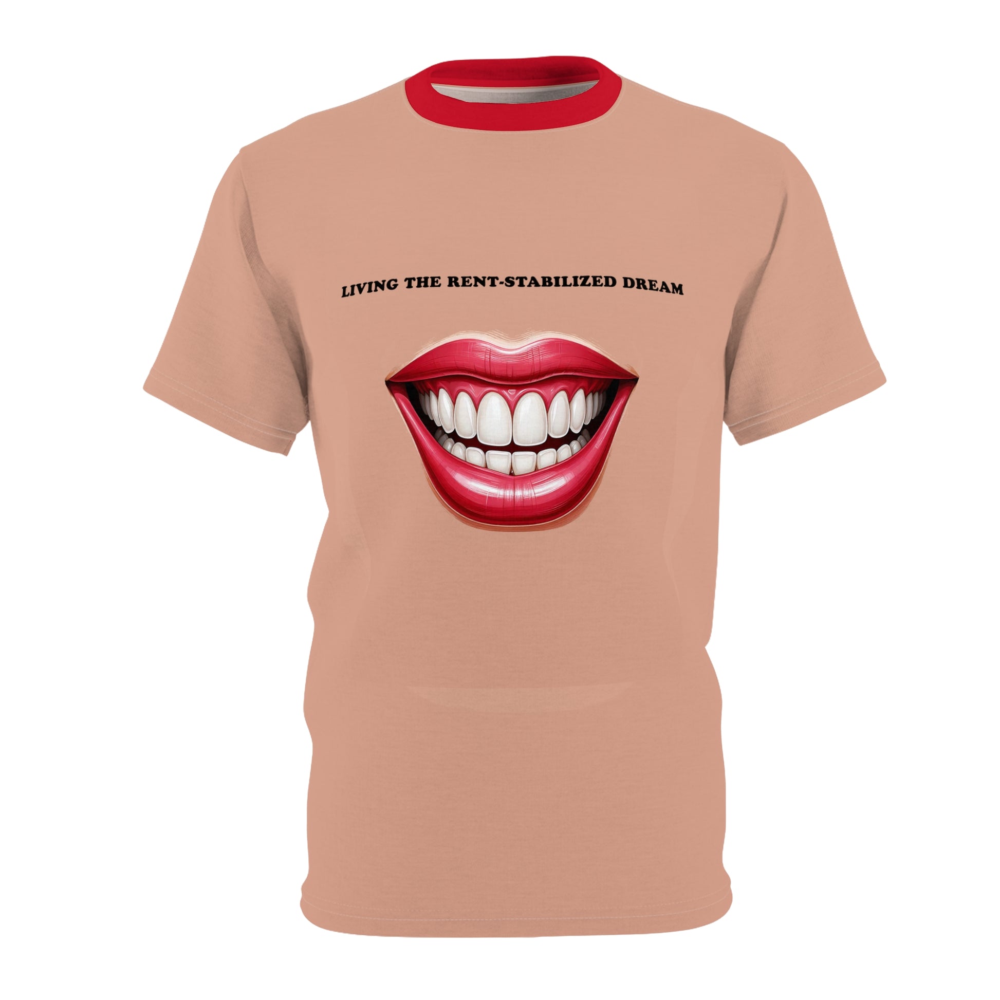 Front flat lay of Rent-Stabilized Dream graphic T-Shirt with red ribbed collar
