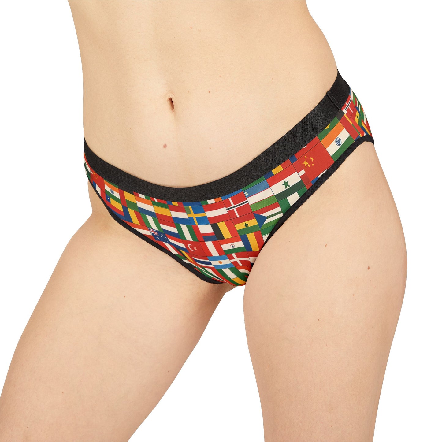 Model wearing United Nations Panties front side angle with multicolor world flags print and soft waistband