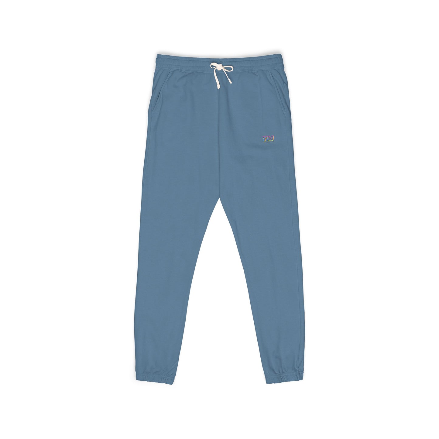 Slate blue Tantrum Media Cozy Fleece Sweatpants front view with drawstring detail