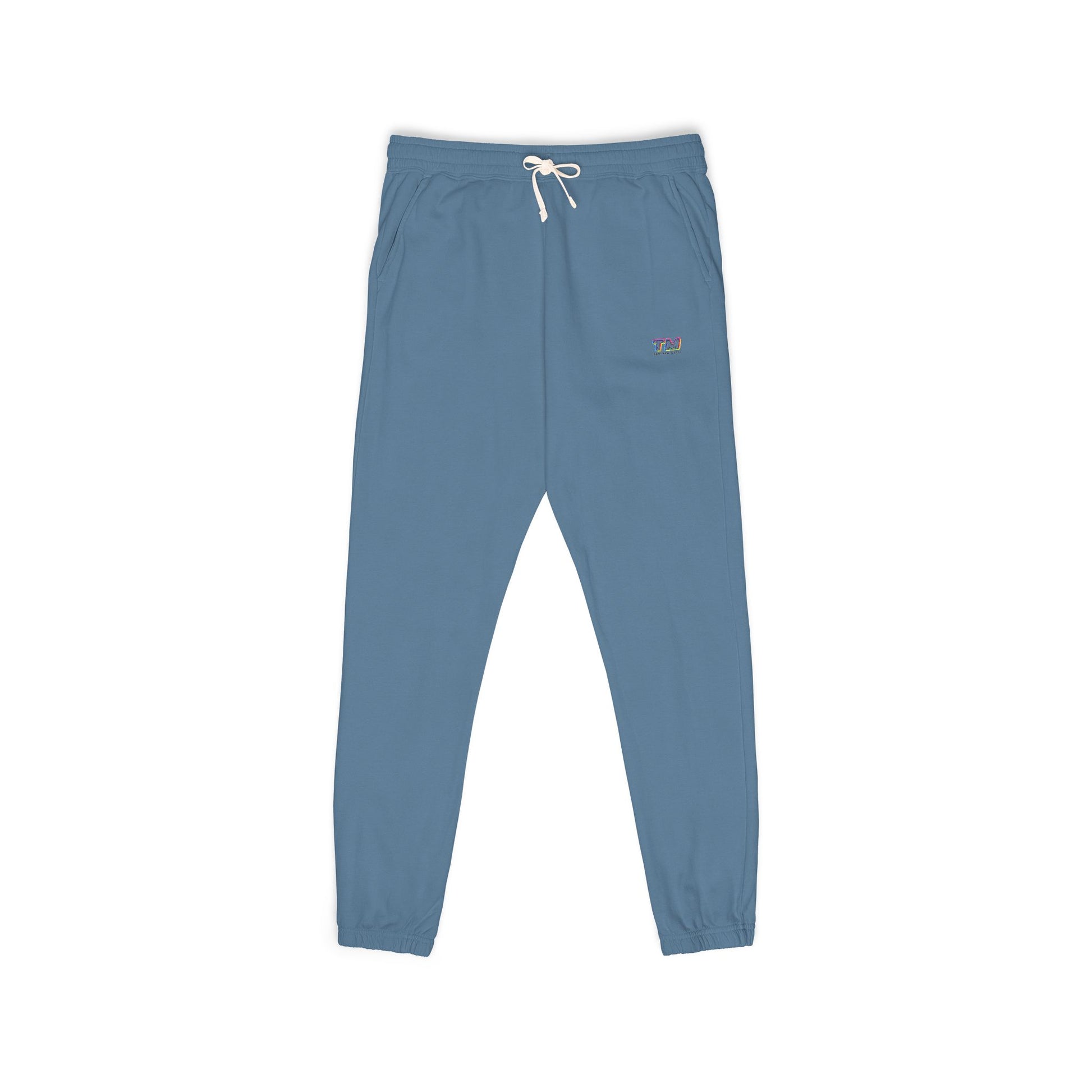 Slate blue Tantrum Media Cozy Fleece Sweatpants front view with drawstring detail