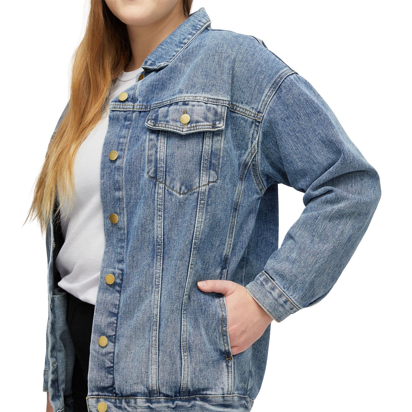 Side angled view of woman wearing Americana Women’s Denim Jacket with hand on hip