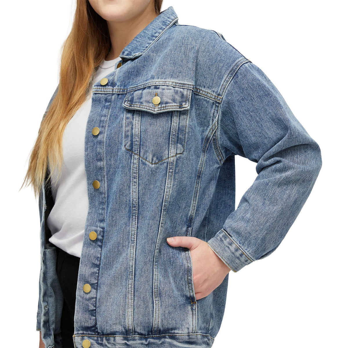 Side angled view of woman wearing Americana Women’s Denim Jacket with hand on hip