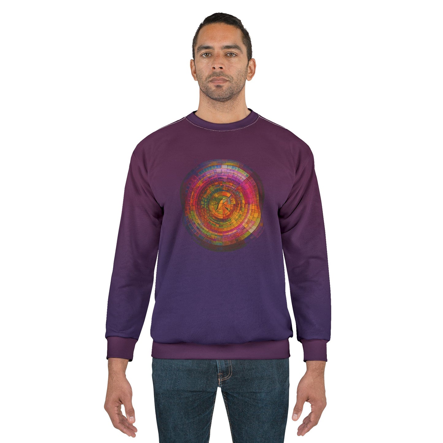 Earth’s 7.83 Hz Unisex Sweatshirt in plum worn by model standing facing forward