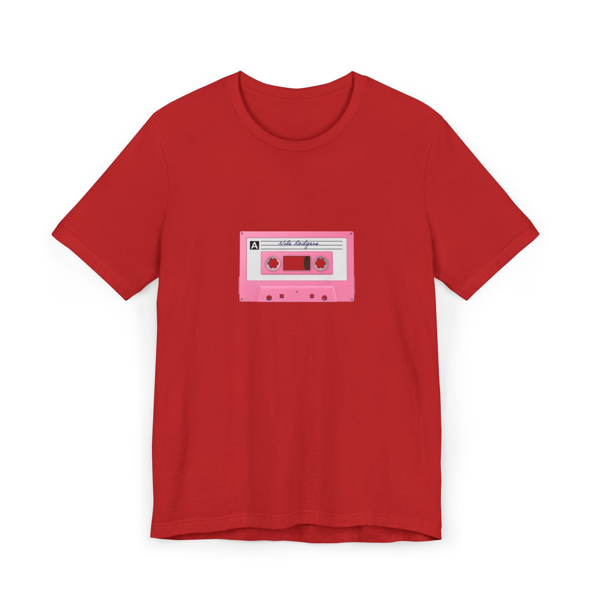 Red t-shirt with a pink cassette tape graphic on a white background
