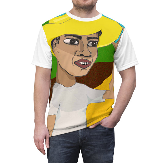Hand-drawn Cafetero wearing a yellow hat on a bold colorful T-shirt honoring Colombian coffee culture.
