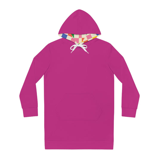 A pink hoodie dress with a geometric patchwork pattern of pink and vibrant colored squares, featuring a hood with a similar pattern.