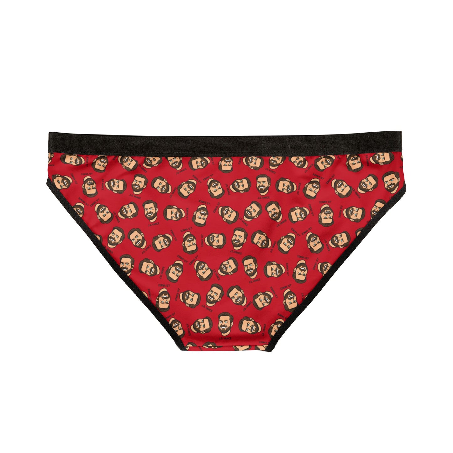 Back view of J.D. Vance Panties laid flat, highlighting the cartoon face print across the red fabric.