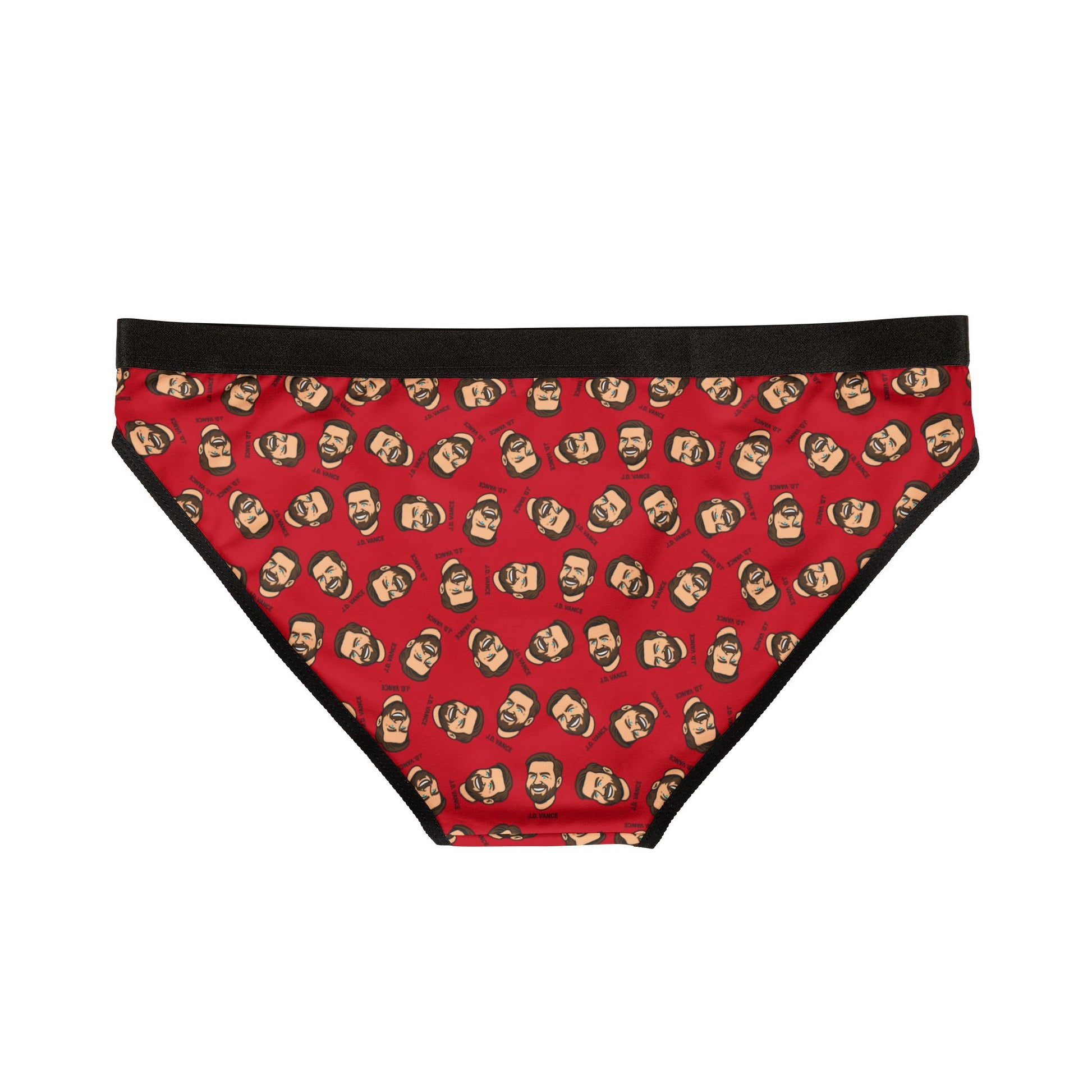 Back view of J.D. Vance Panties laid flat, highlighting the cartoon face print across the red fabric.