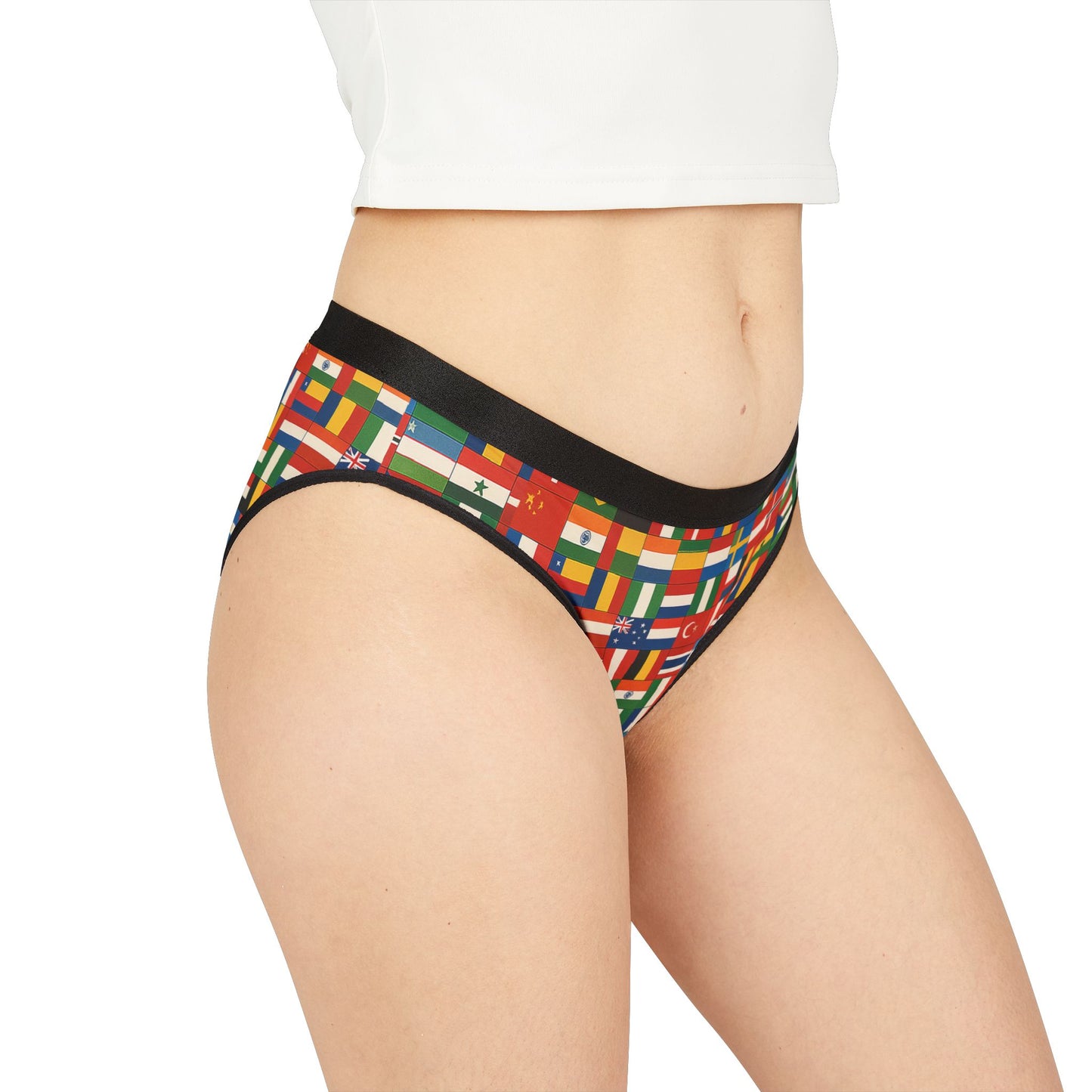 Model wearing United Nations Panties side angle with durable polyester spandex and international flag design