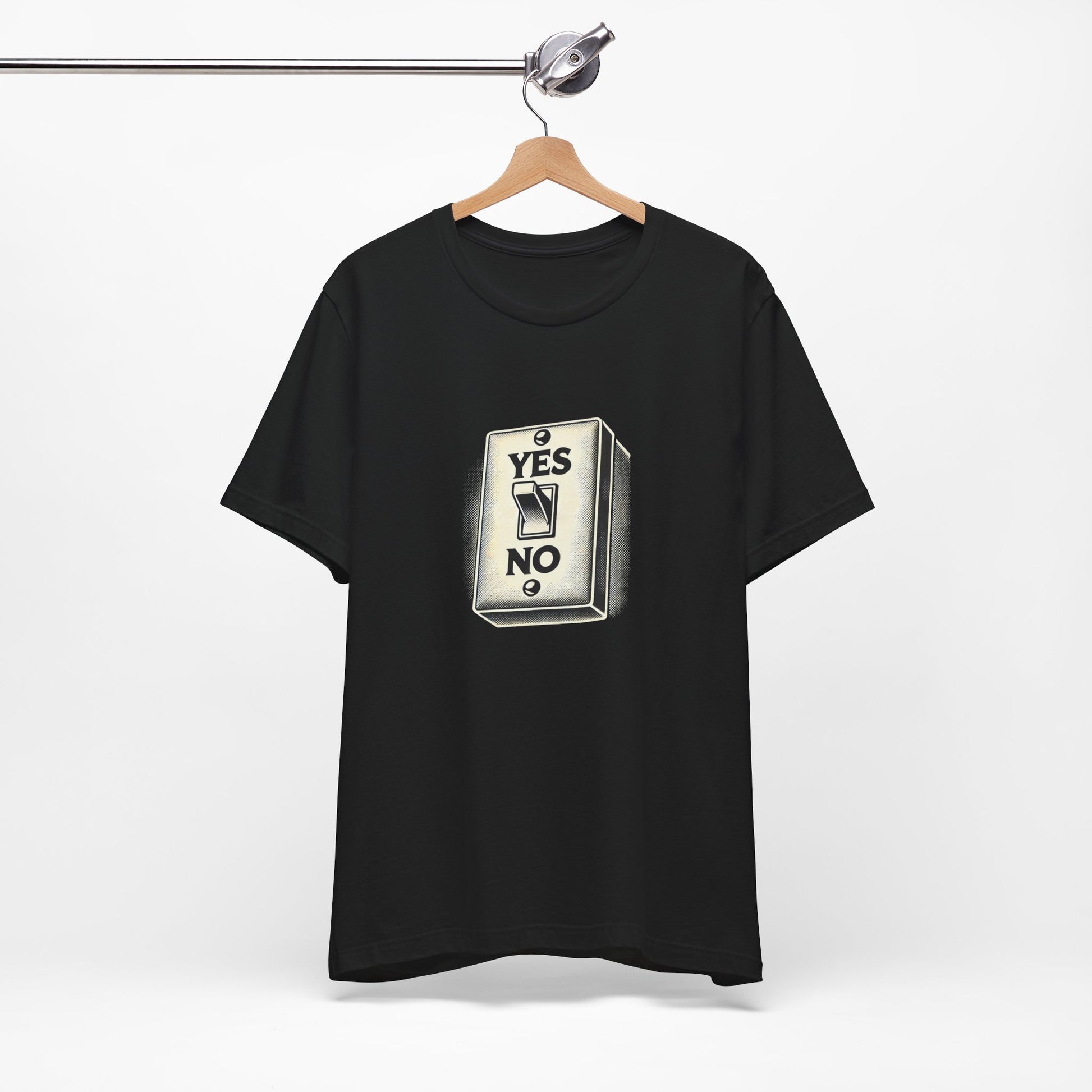 Black YES/NO Switch Tee hanging on wooden hanger