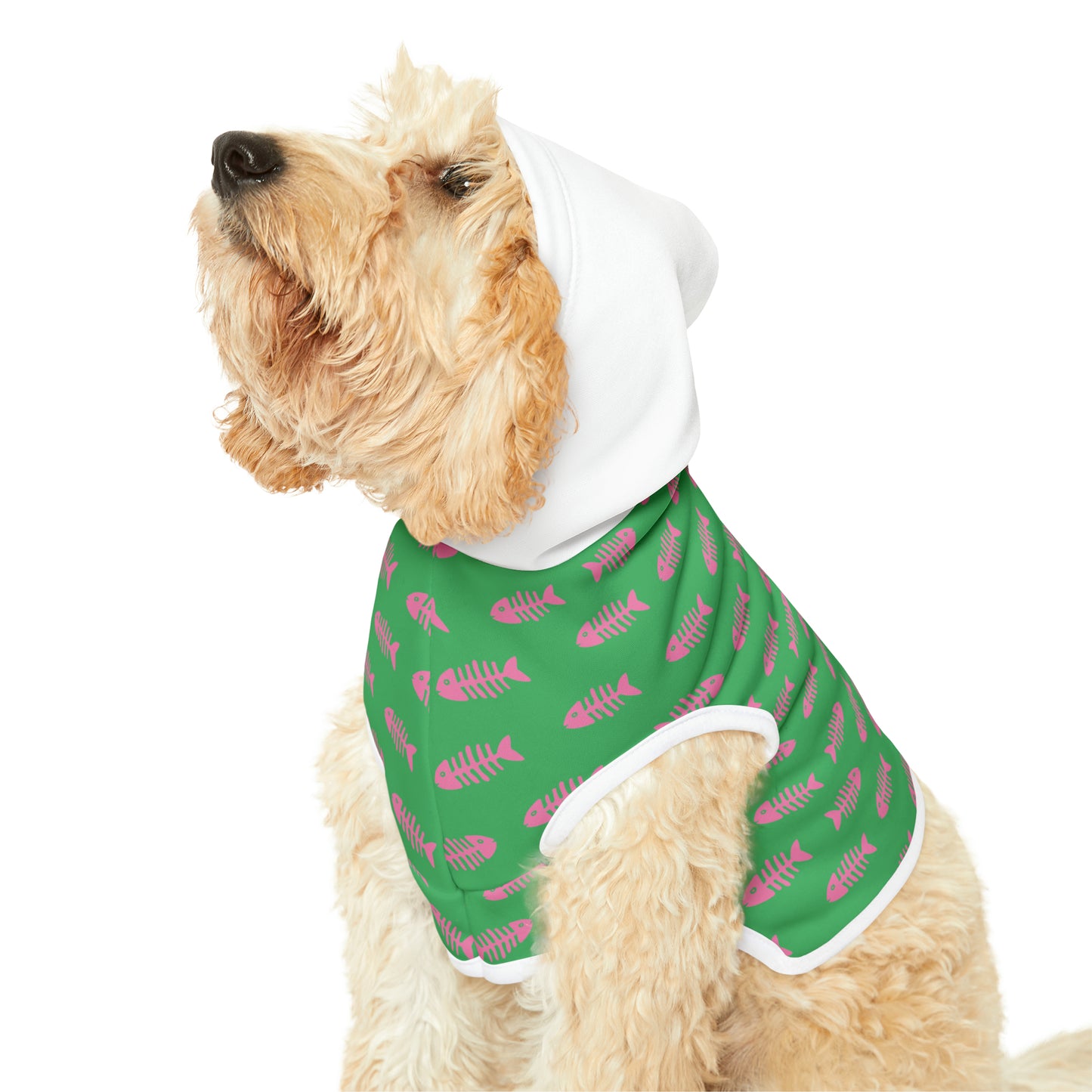 Dog wearing green fishbone pet hoodie side profile on white background