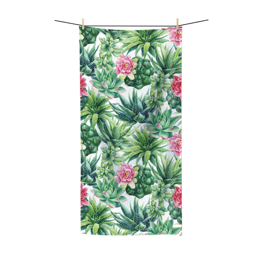 Succulent Flowers Beach Towel with vibrant green succulents and pink floral print, hanging on a line