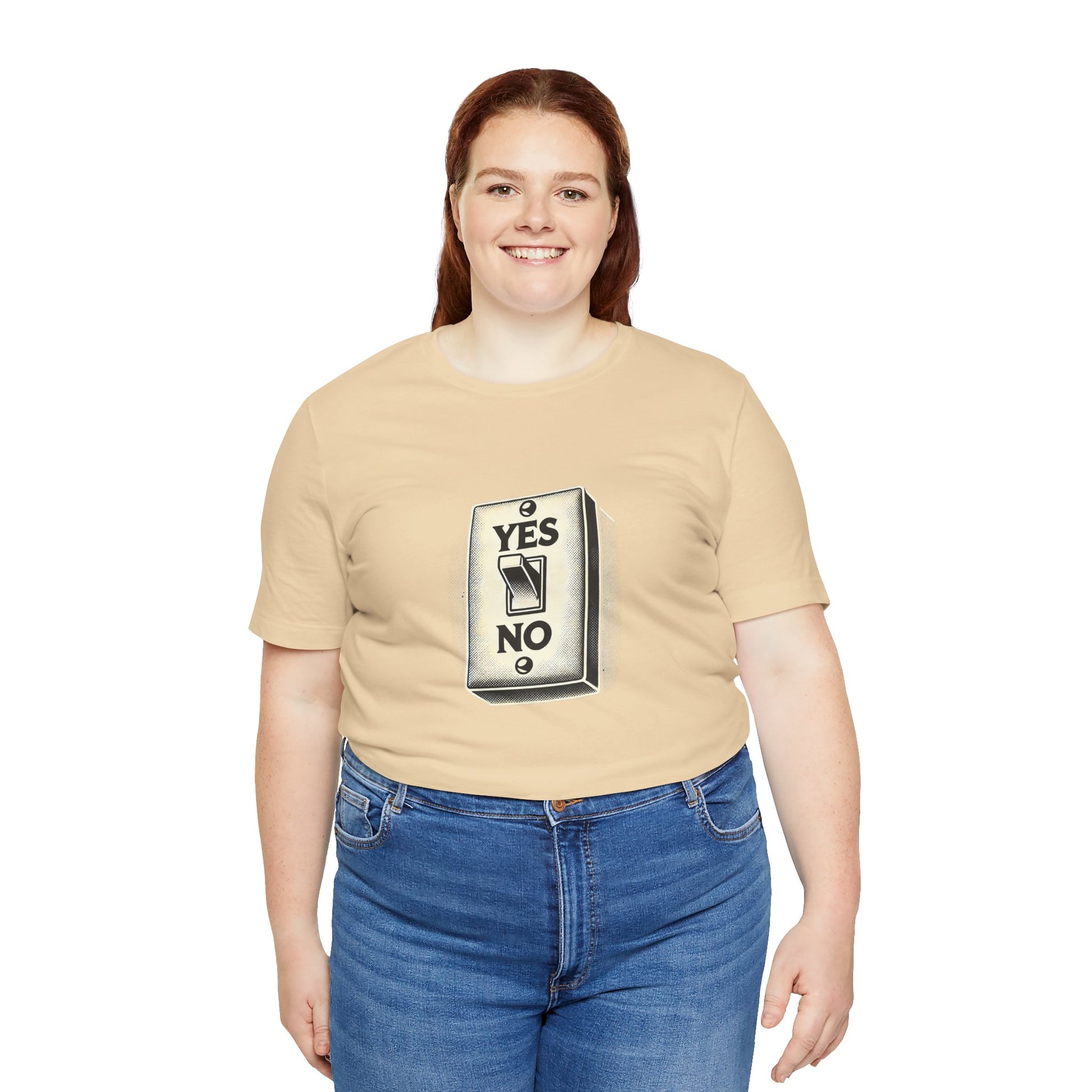 Model wearing yellow YES/NO Switch Tee styled with jeans