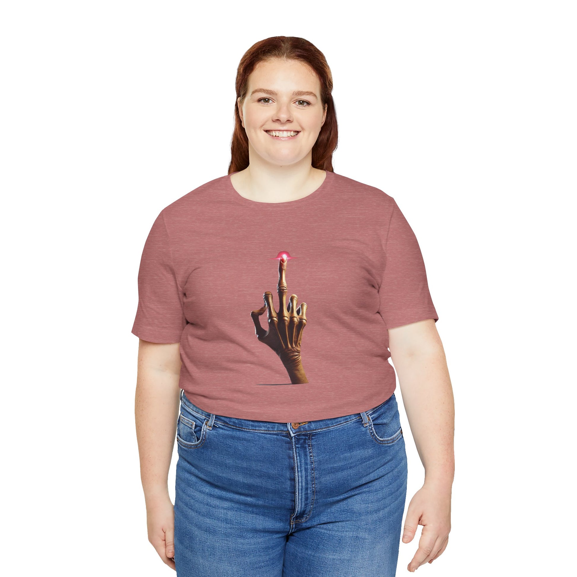 Woman wearing dusty rose E.T Unisex T-Shirt smiling